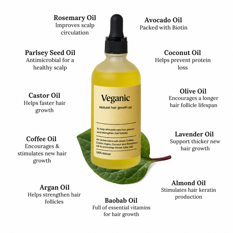 Vegan natural hair growth oil with rosemary, castor, and argan oils for thicker, stronger hair