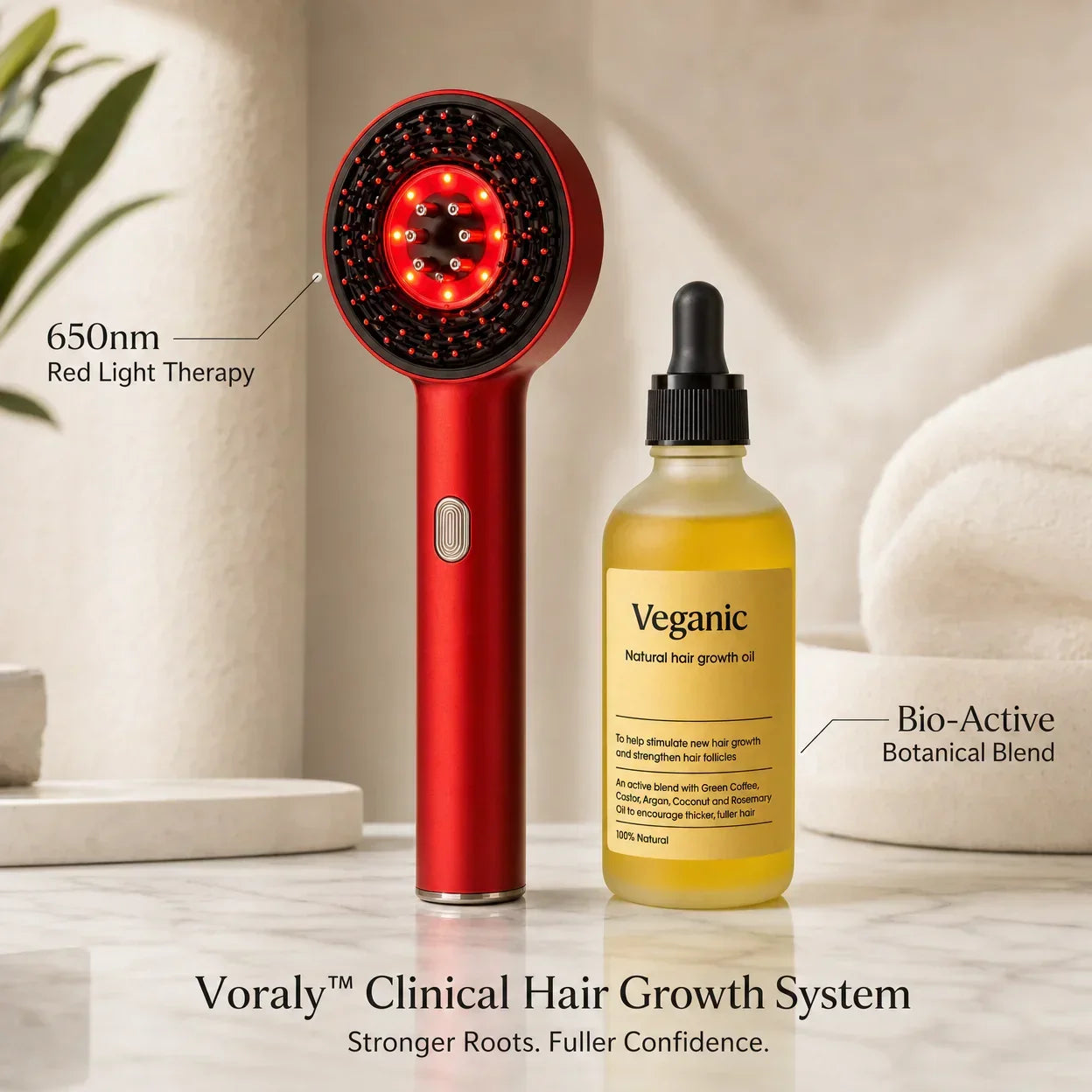 Voraly Clinical Hair Growth System | LED Brush & Bio - Active Serum Bundle - Voraly